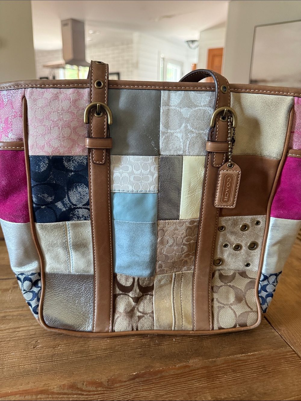 Coach Patchwork Tote in Pink, Blue, Brown and Cream